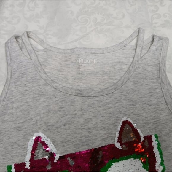 Place Girls Flip Sequin Watermelon Cat Fox Tank Top Light Gray Pink Size 14 XL - Picture 8 of 9